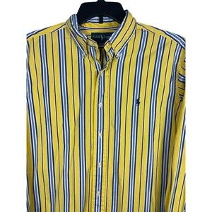 Ralph Lauren Yellow Blue Striped Pony Button Up Long Sleeve Classic Fit Shirt L
